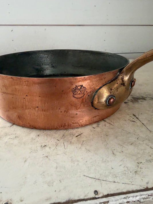Antique English HELVETIA’ COPPER SAUCEPAN brass HANDLE
