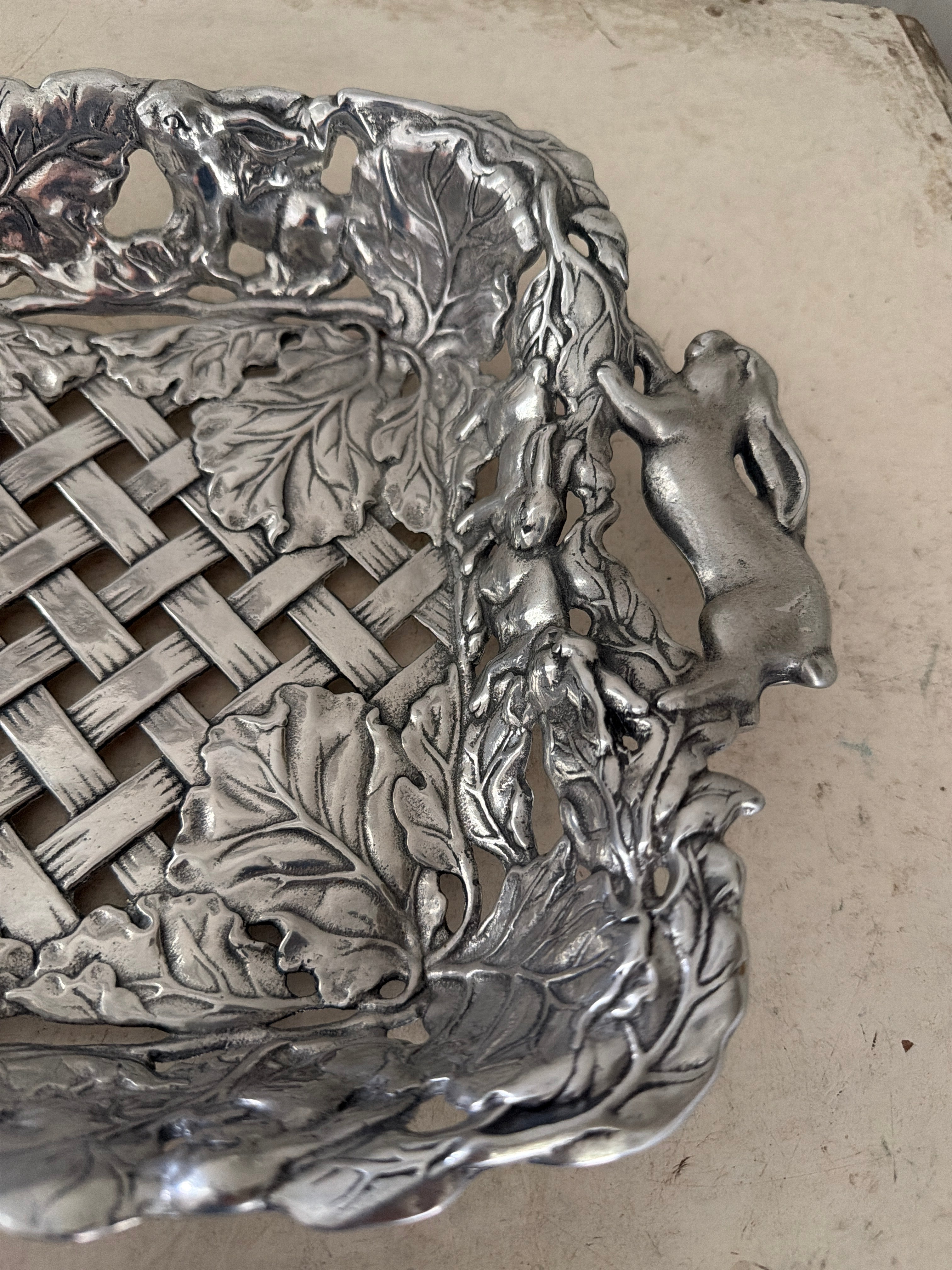 Arthur Court lattice bunny rabbit serving tray, polished aluminum
