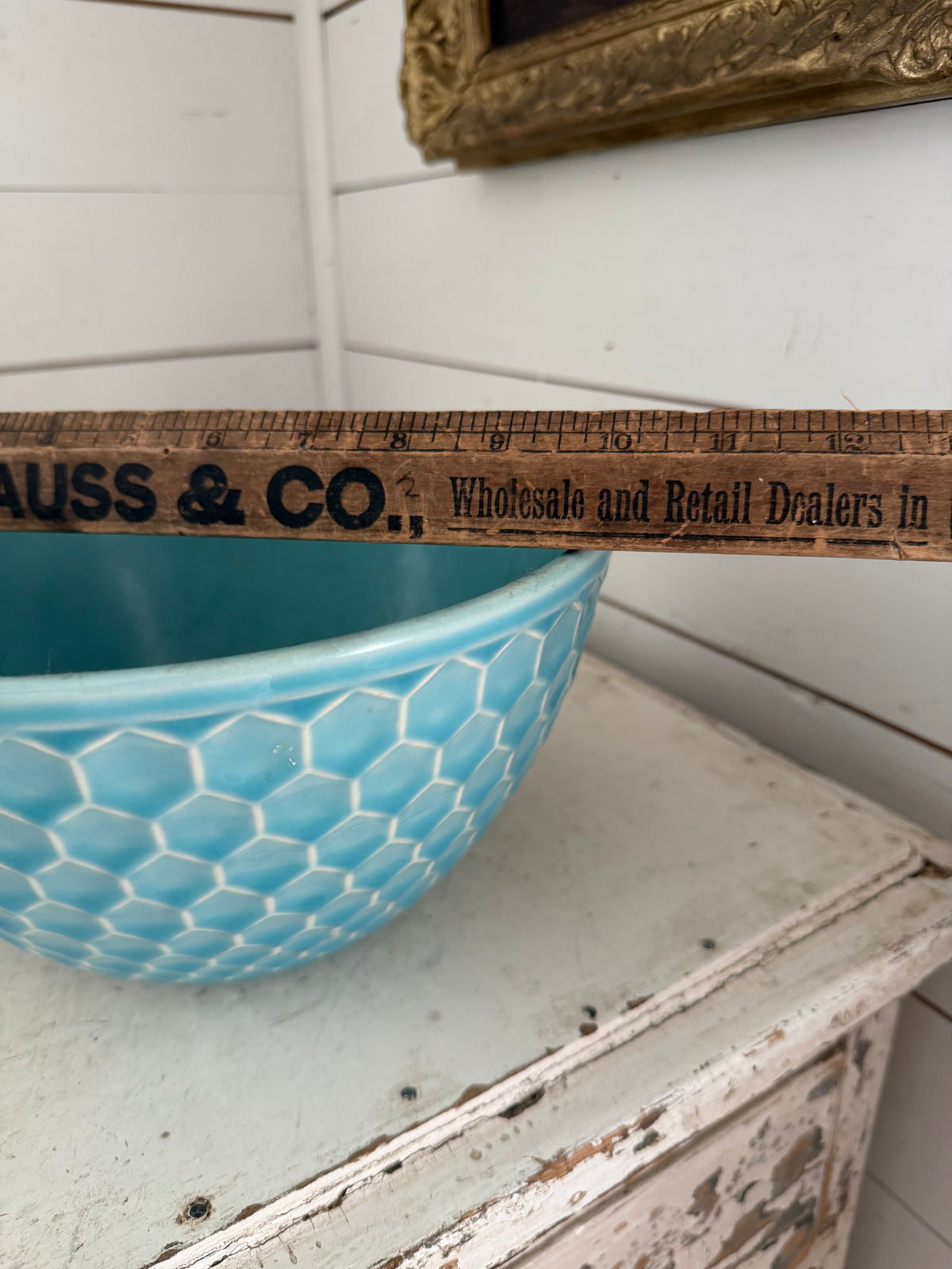 Blue honeycomb ceramic serving bowl