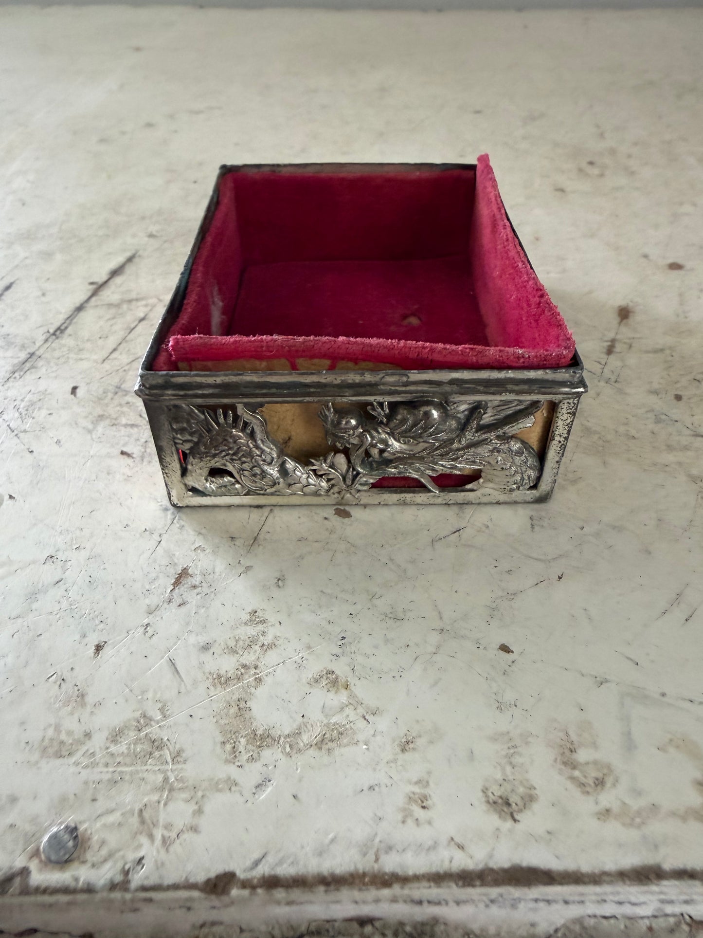 vintage silver-plated Japanese dragon trinket box lined with red velvet