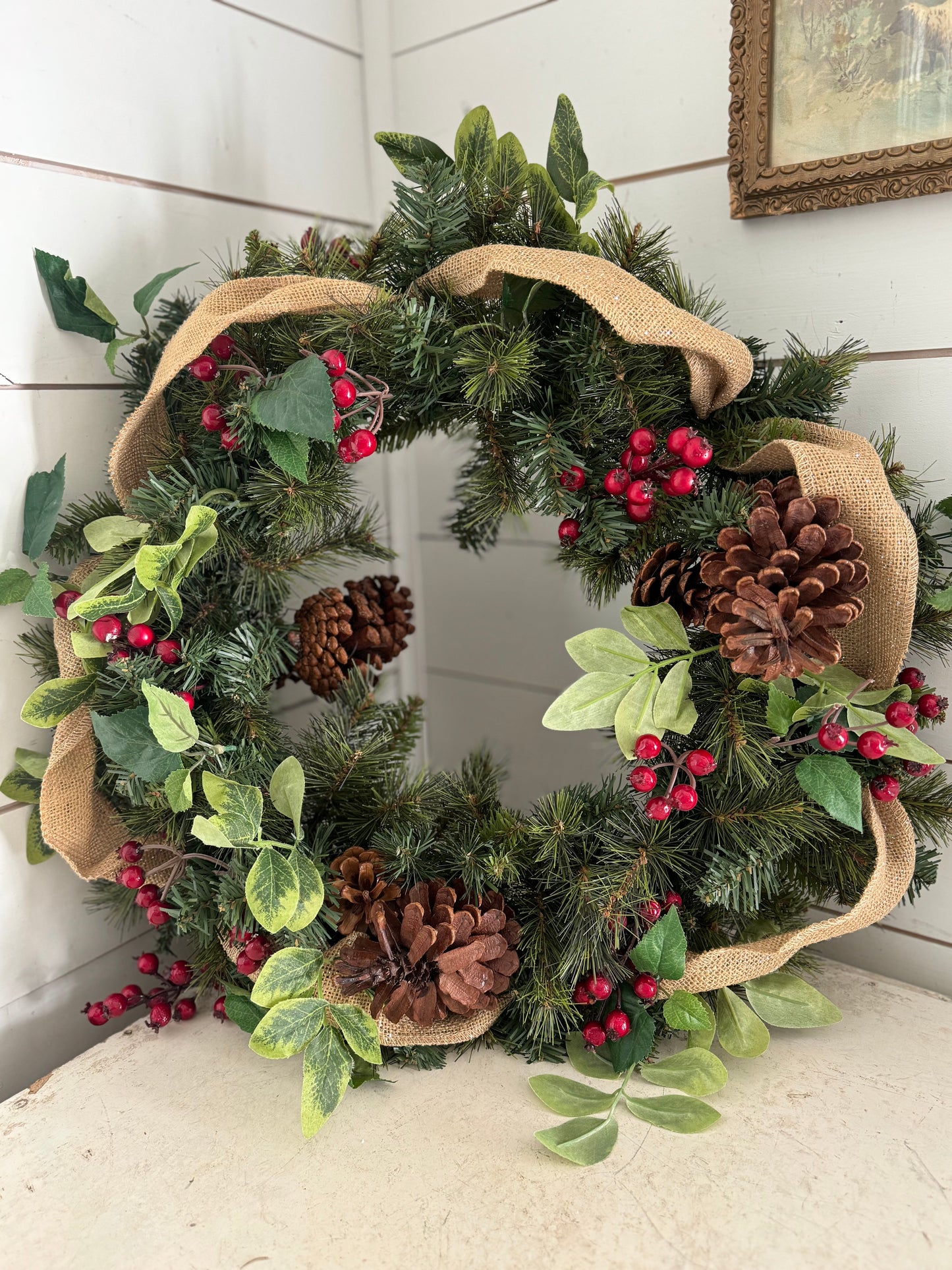 Beautiful Square greenery, pine cone and Red Berry Wreath