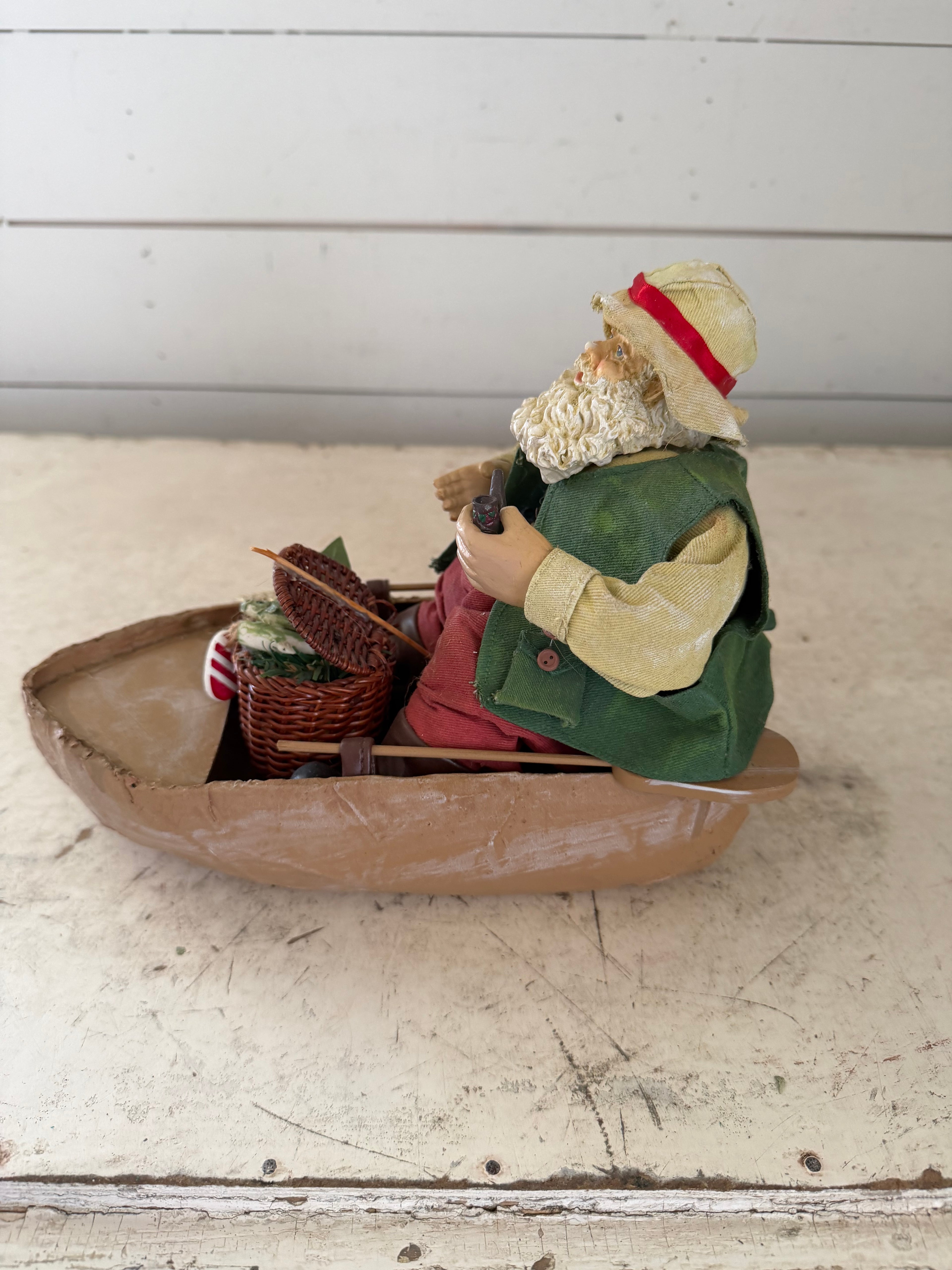 Fishing Fisherman Paper Mache Santa Figure Creel IN BOAT FISH Folk Art Christmas