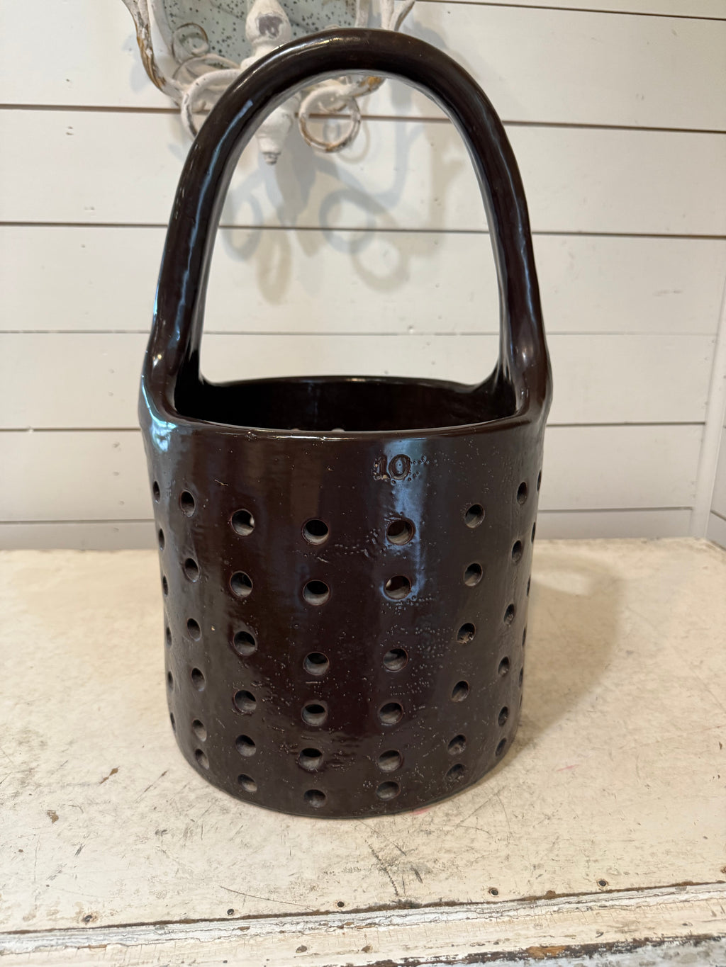 #10 Antique Salt Glazed Industrial Stoneware cheese strainer Dipping Baskets, Early 1900s
