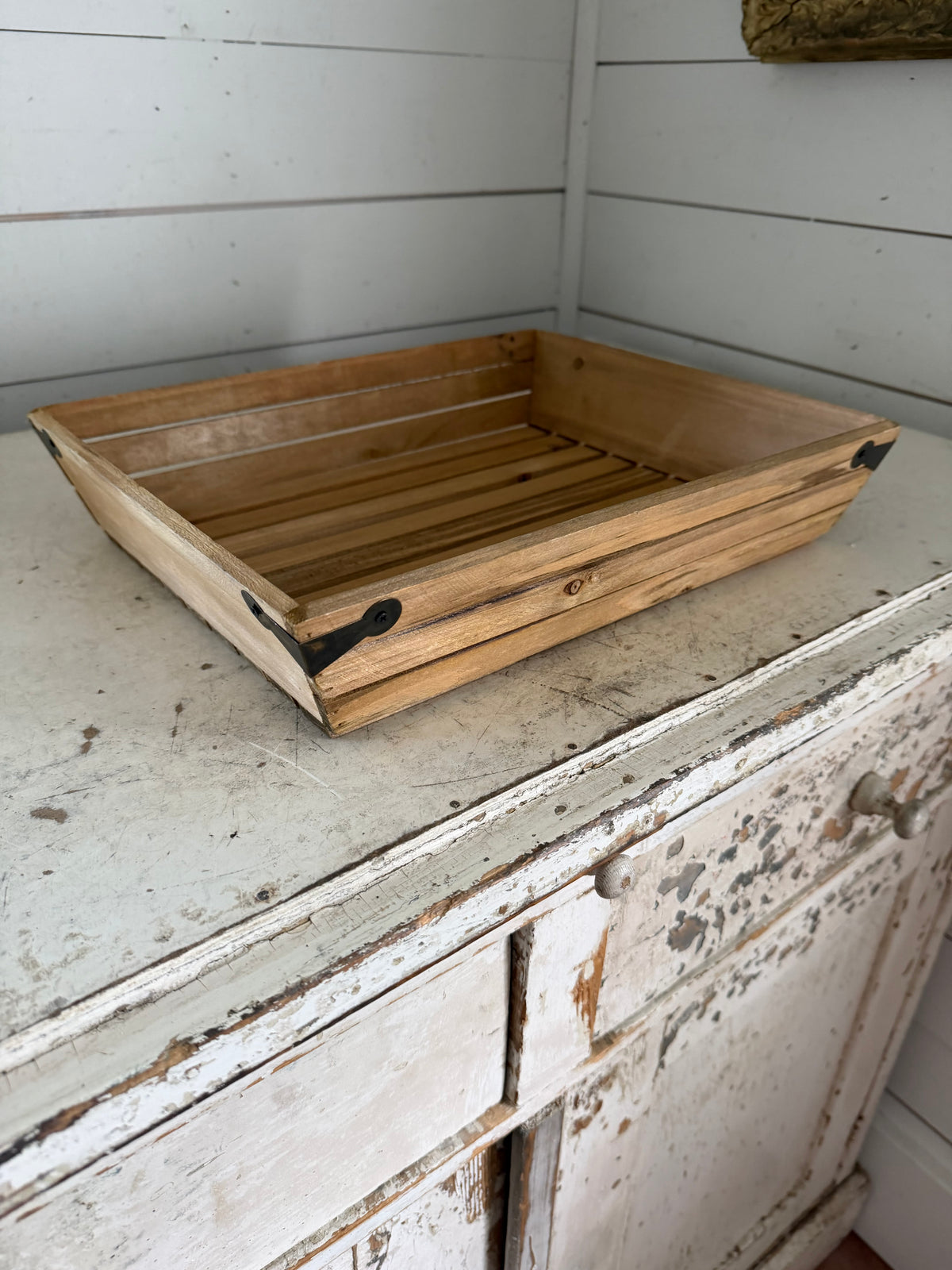 Rustic Wood Tray with Metal Corner Brackets - Will Get Makeover