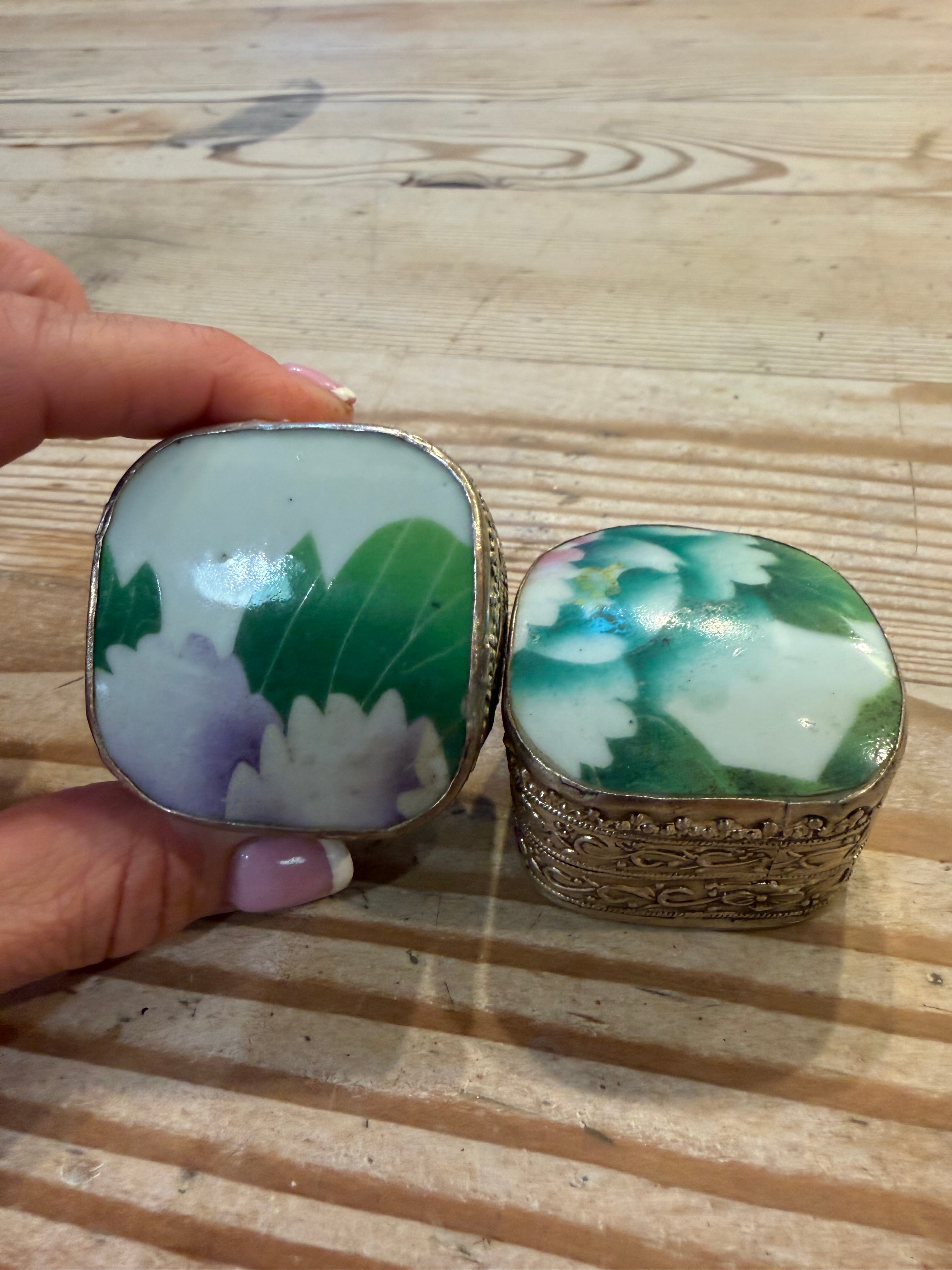 Vintage Chinese Shard Trinket Box Silver-Plated Porcelain Leaf Pattern 2.25” sold individually