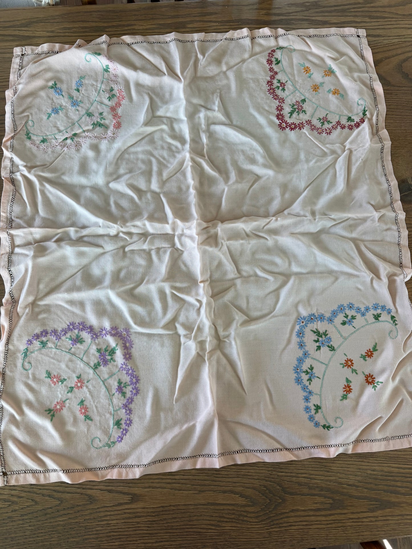 Peach vintage hand-embroidered cotton table topper