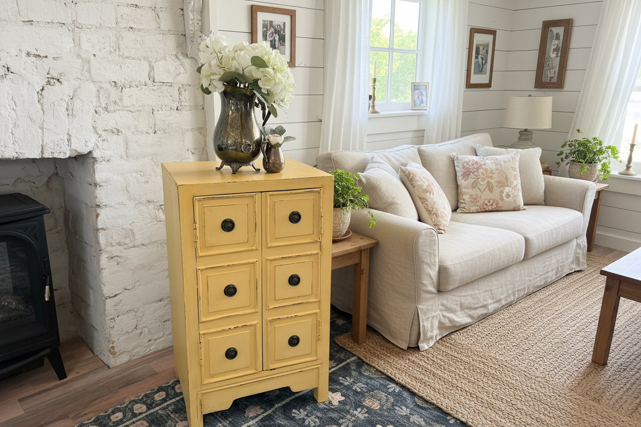 Shabby Hand Painted Butter Yellow Cabinet with shelf inside