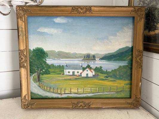 Original English Cottage & Lake Antique Art with Frame - as is see damage as shown