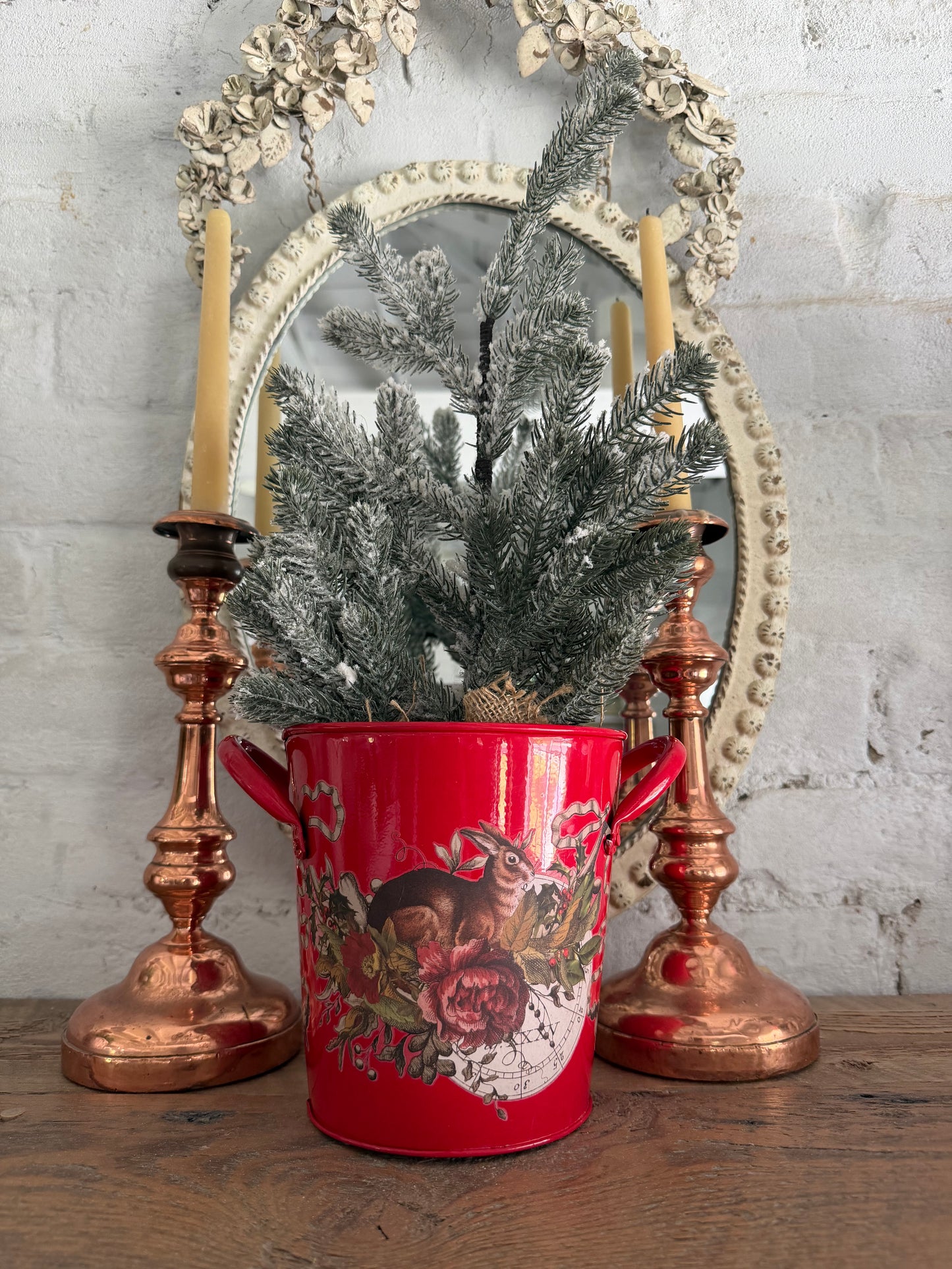 Red Enamel Bucket with handles and holiday transfer greenery not included