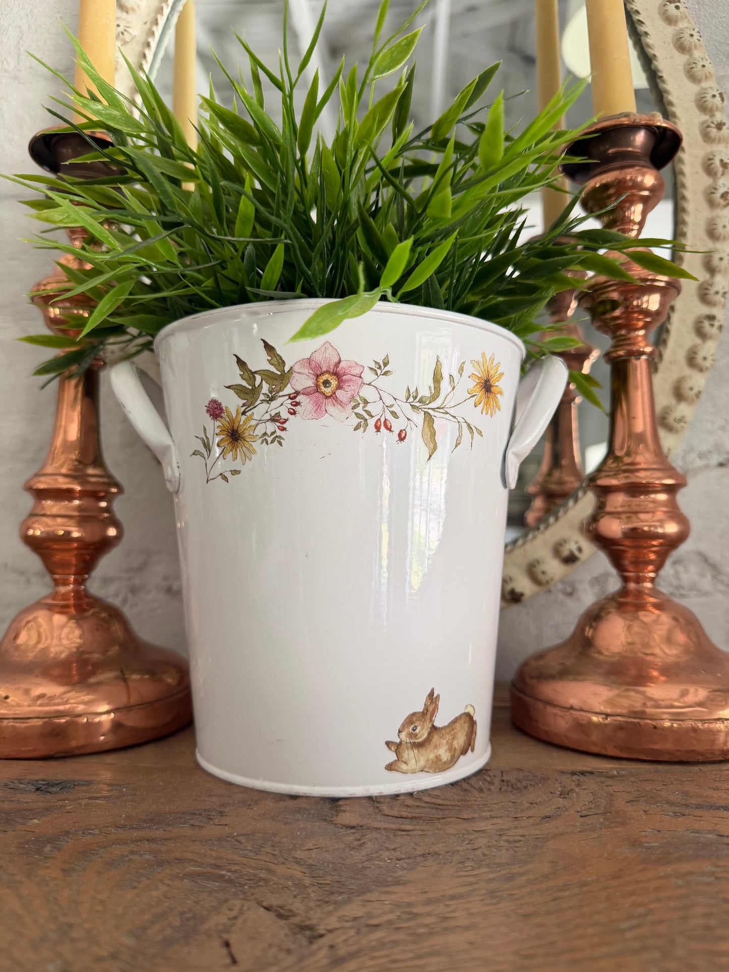 White Enamel Bunny Bucket with handles greenery not  included 6.5”