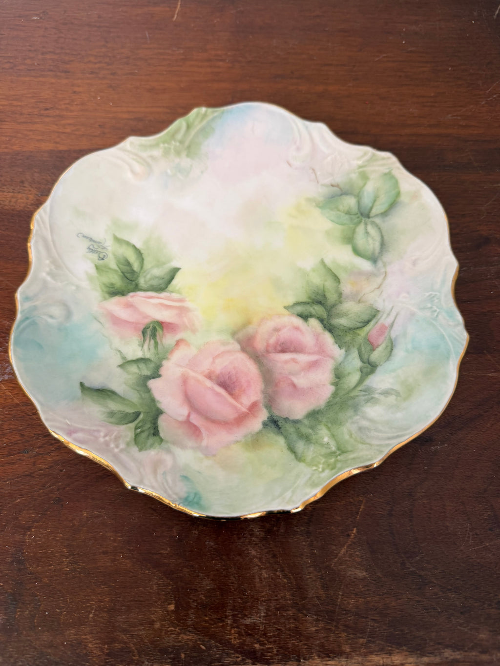 Vintage Porcelain Hand Painted Pink Rose Plate - has hanging holes