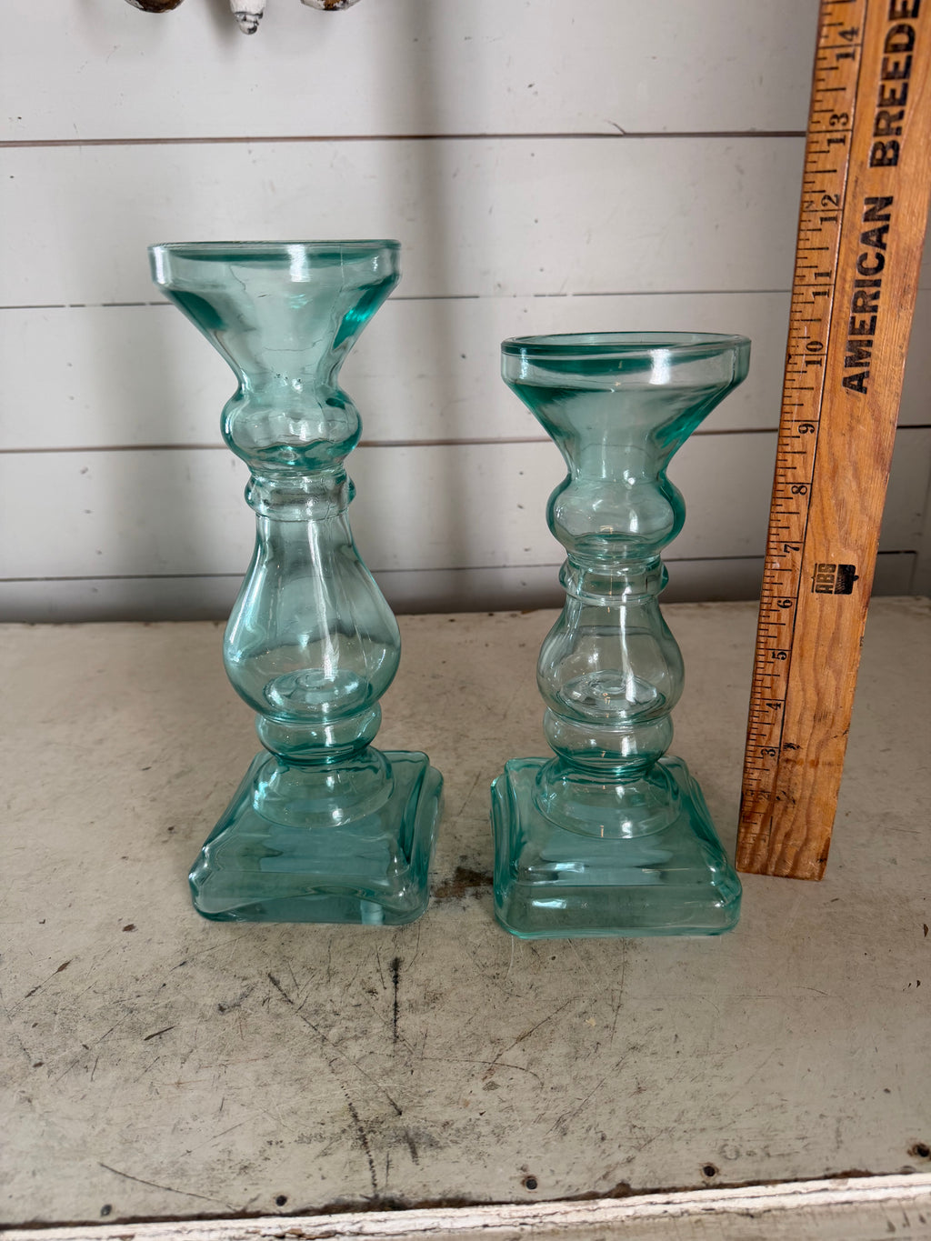 Vintage Glass Blue Green Candlestick Set