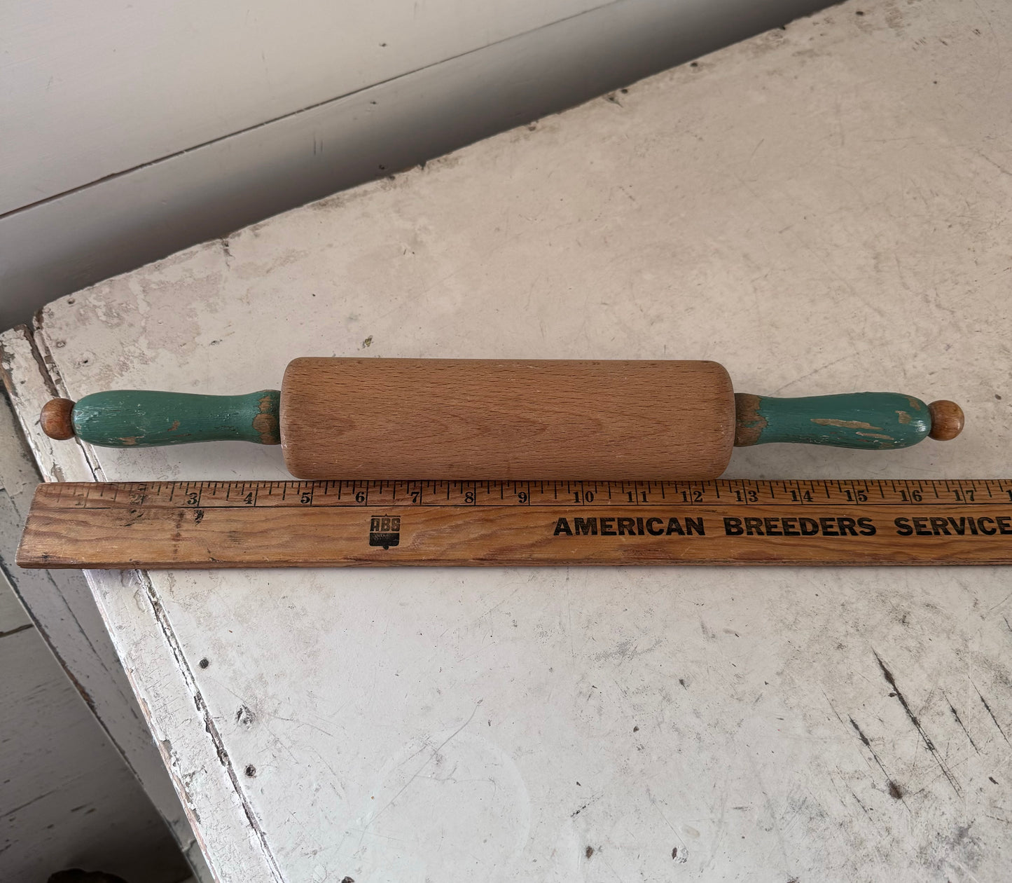 Antique Oak Rolling pin with Green Handles