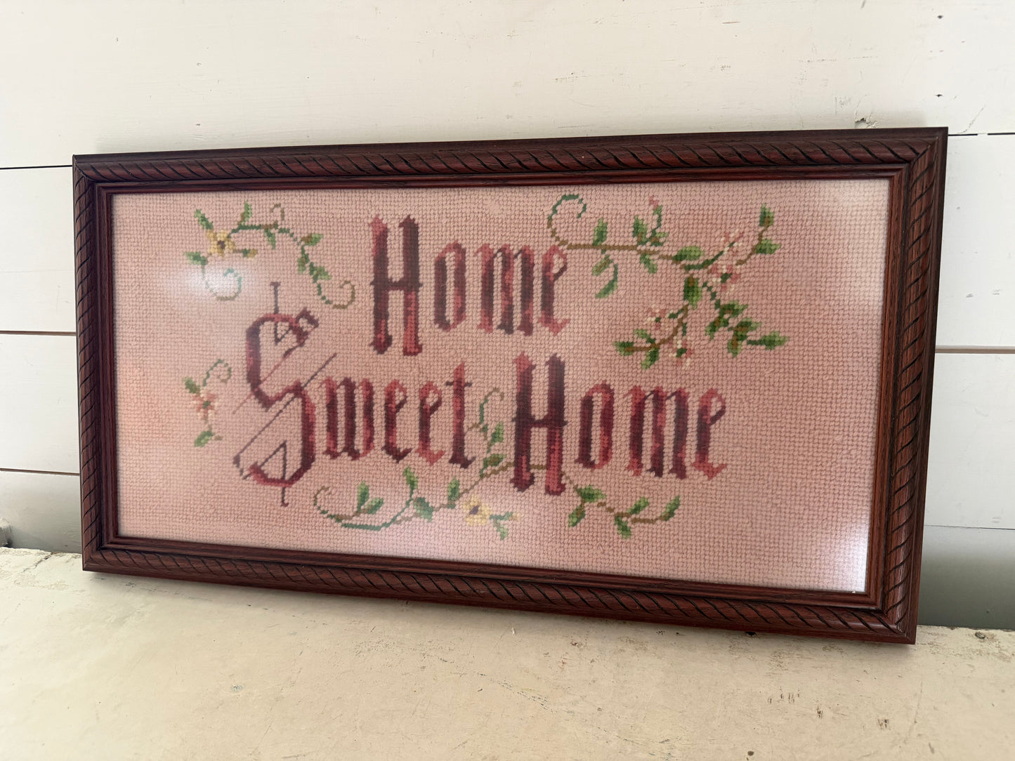 Vintage Needlepoint Home Sweet Home 20 x 10 inches Wood Framed Pink