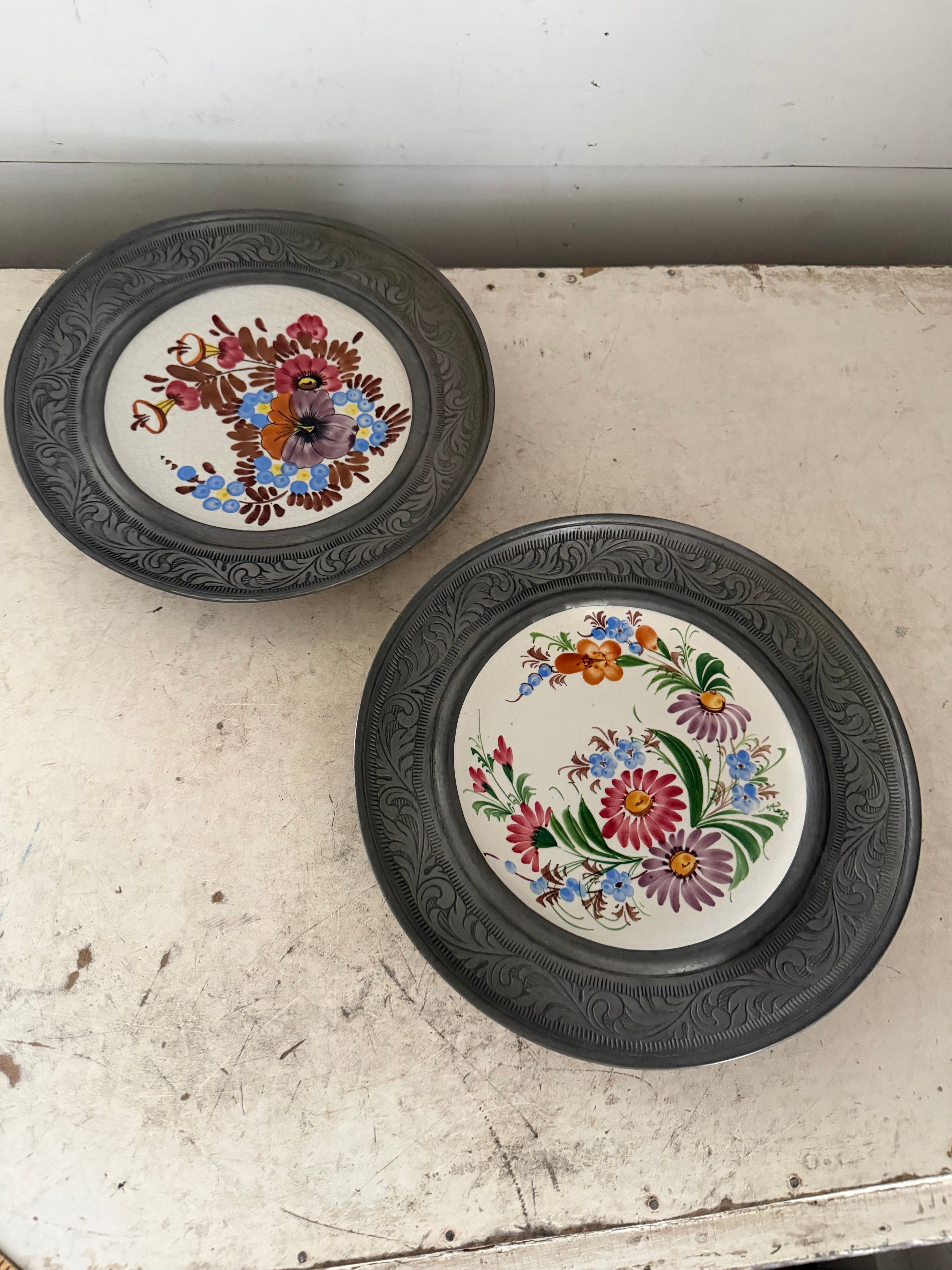 Set of Vintage Italian Ceramic Plate, Hand Painted Floral Pewter Frame, Bassano Ceramics