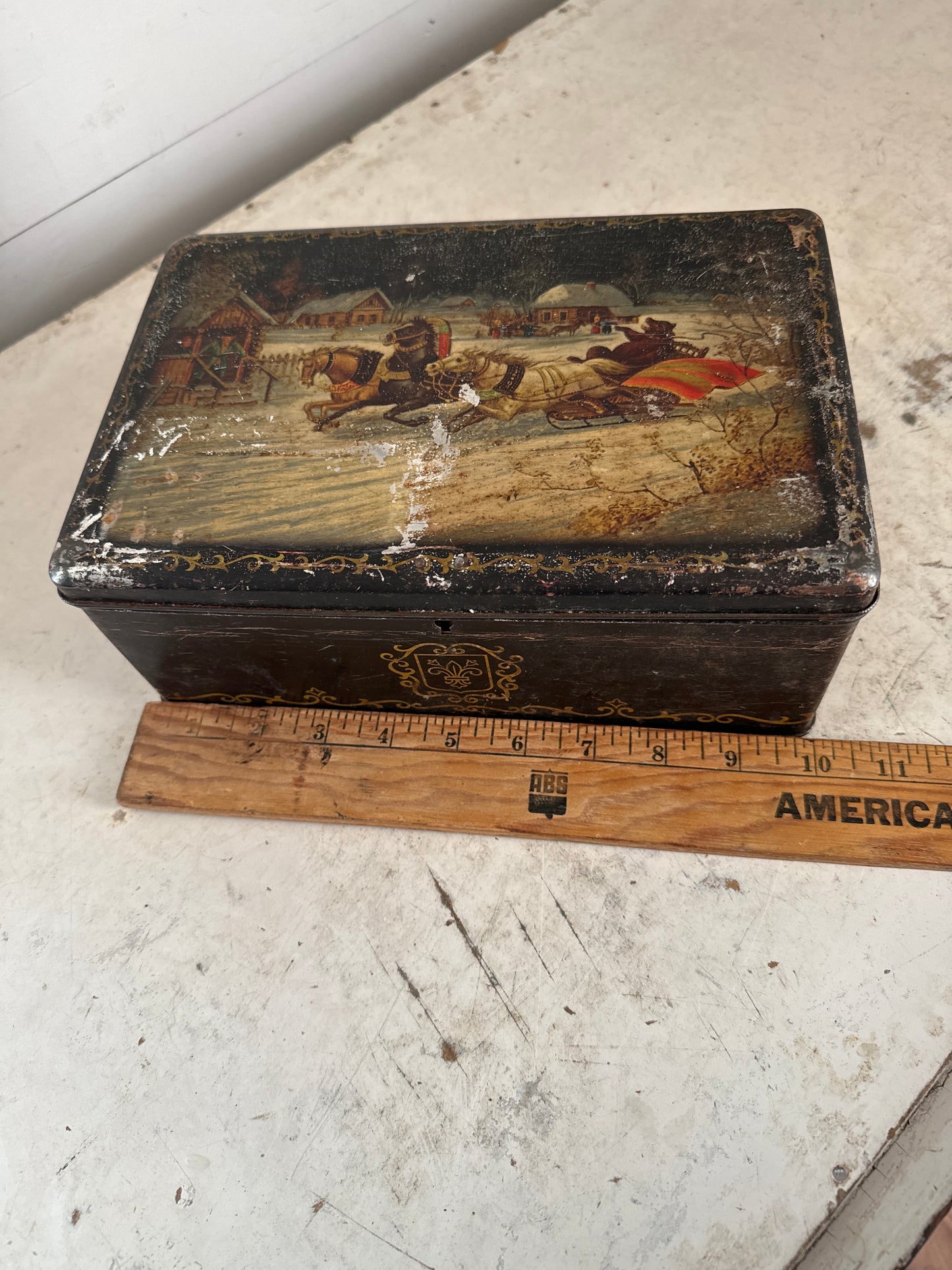 Antique Tin Box With Hinged Lid Black and Gold With Christmas Scene