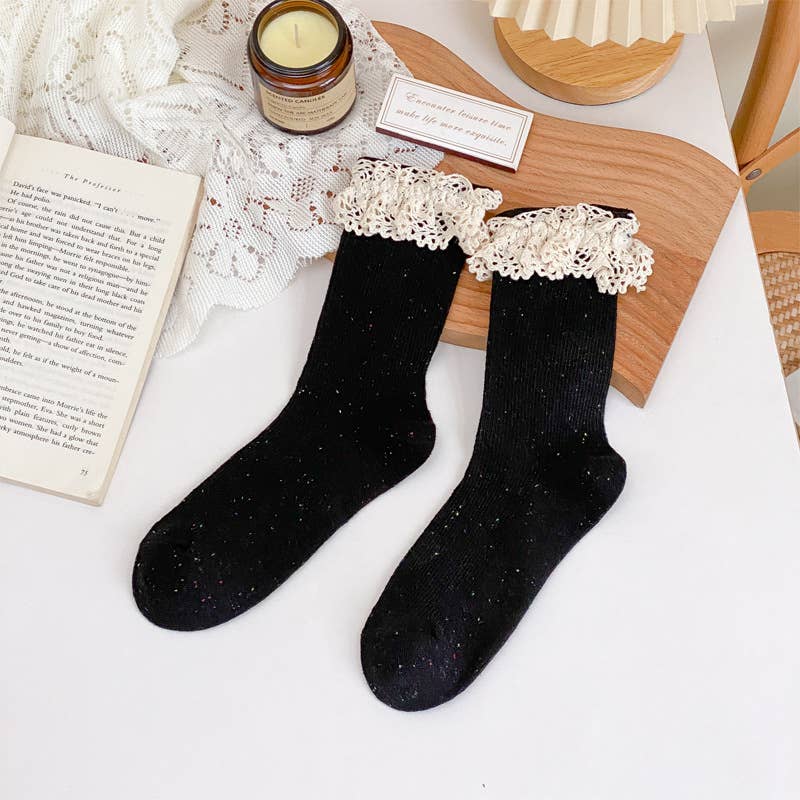 Lace ruffle girl style solid socks
