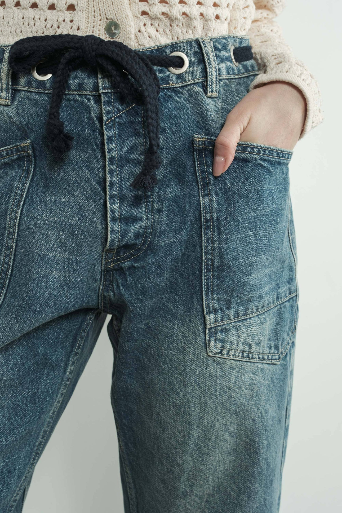 Barrel Denim Pants with Eyelet Waist: Medium Wash