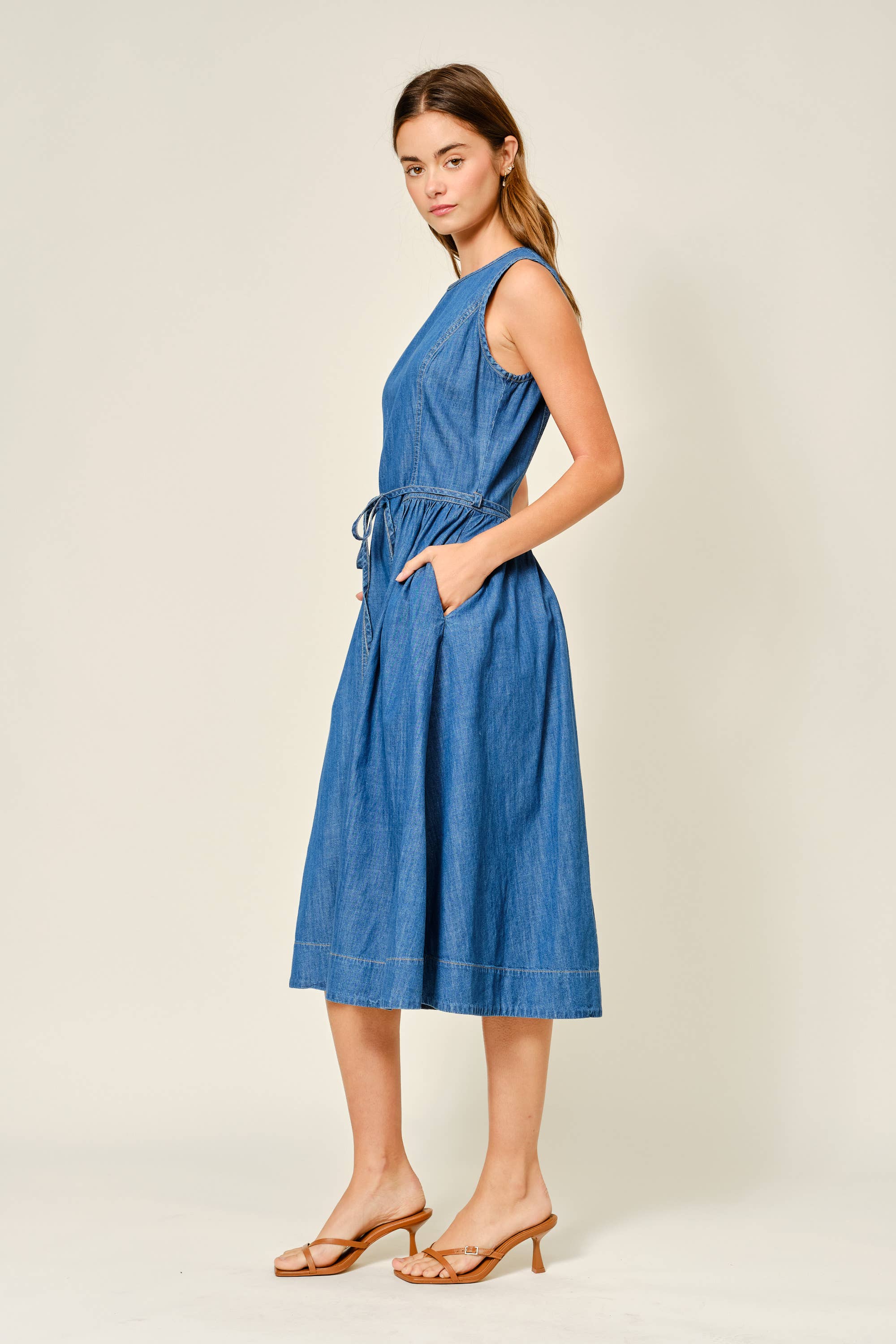 BELTED PANELED DENIM MIDI DRESS