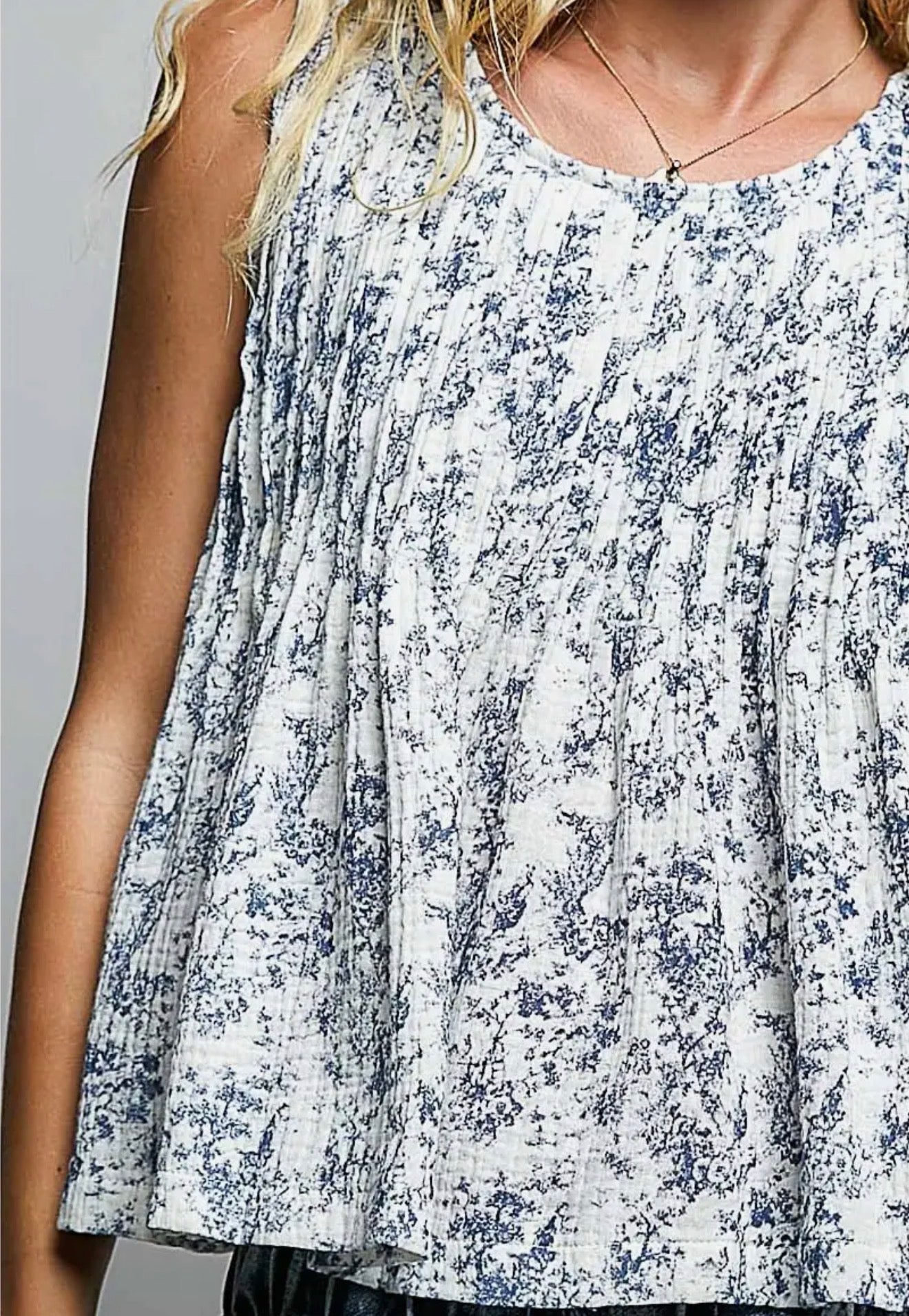 Navy Round Neck Double Gauze Pintuck Floral Sleeveless Top