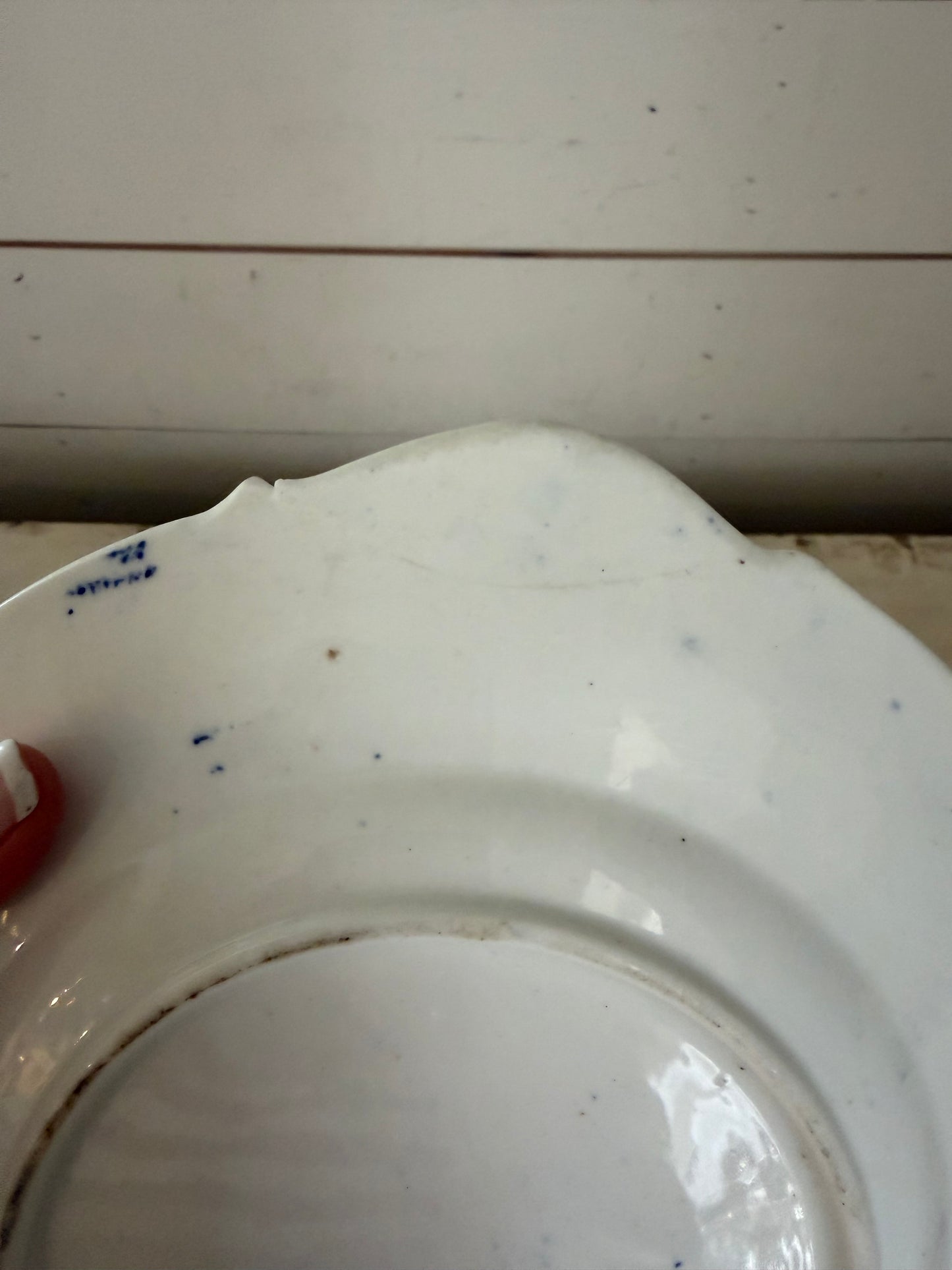 Antique Ironstone Flow Blue Blue White Willow Blue Pattern Plate has been repaired