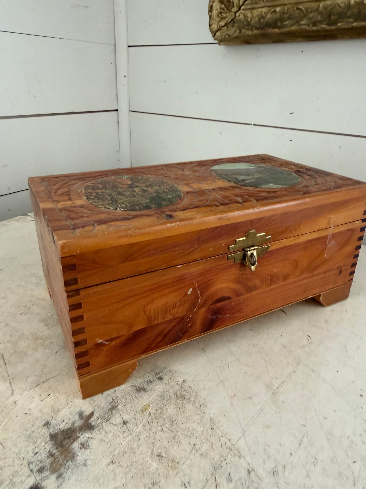 Vintage Wood 1950s Carved Candy Box, Mirror Inside