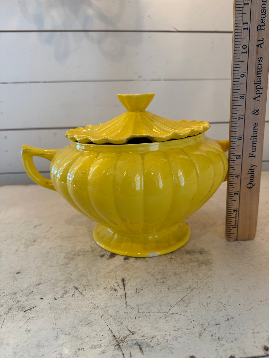 vintage California Pottery Canary Yellow Scalloped Soup Tureen with a lid - No Spoon chips