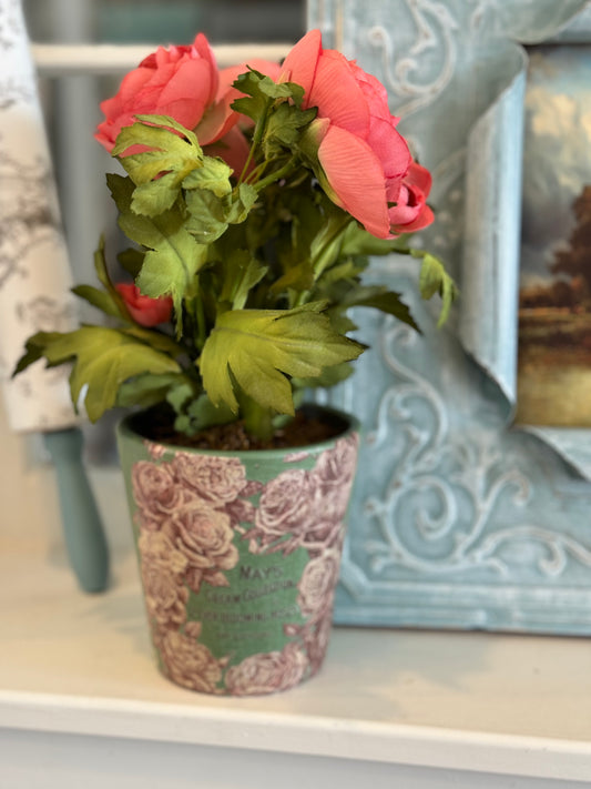 Handpainted Pot with Pink Flowers - Floral Included