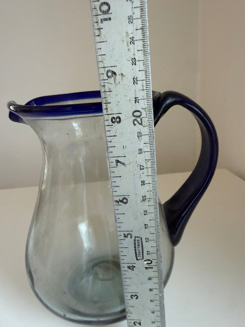 Vintage Mexican Hand Blown Glass Pitcher – Cobalt Blue Rim and Handle 84 oz
