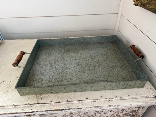 Oversized Rectangle Galvanized Tray With Turned Wood Handles WILL GET MAKEOVER