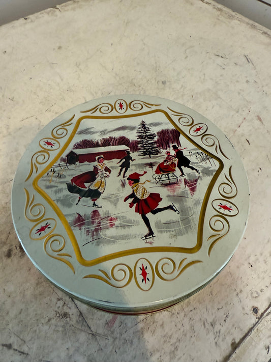 Vintage Jewel Tea Skaters Round Cookie Tin Jewel T Christmas Tin Pine Tree Barn