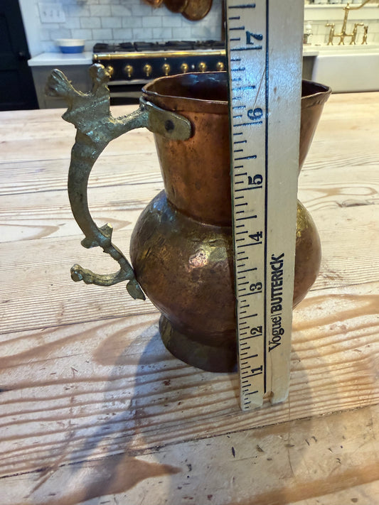 Antique Hand Hammered Copper Pitcher Jug Brass Handle 6.25"x3.75" Primitive