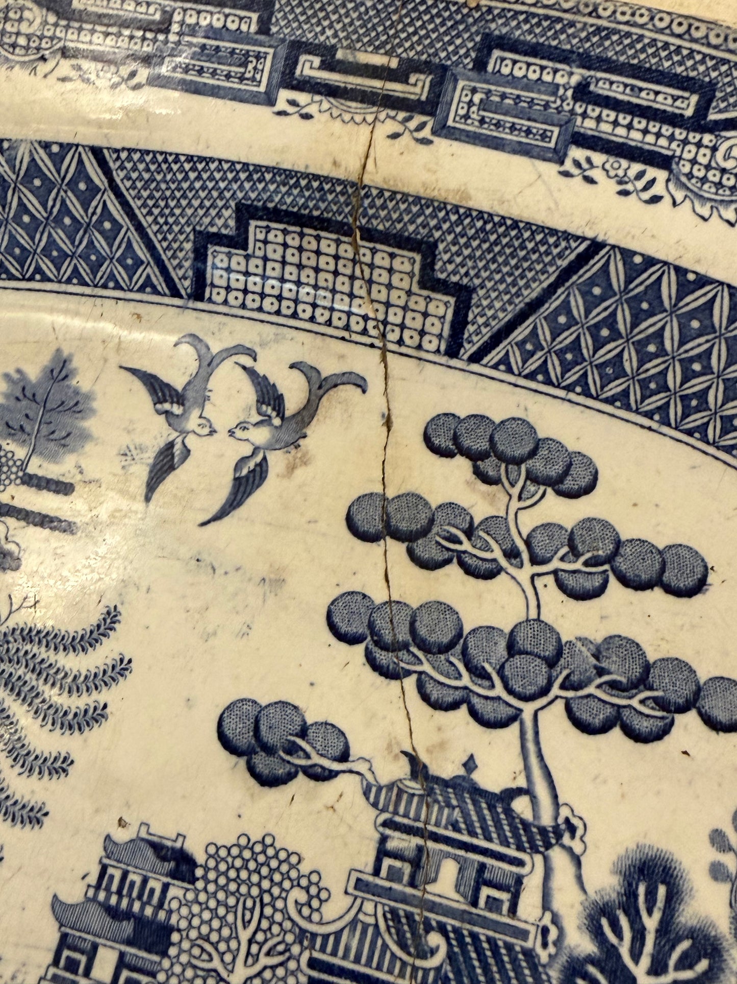 19th century English stone ware Blue Willow Platter 14” - has crack