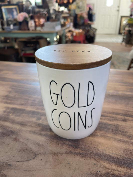 Gold Coins O Gold Rae Dunn Ceramic Canister Jar With Wooden Top