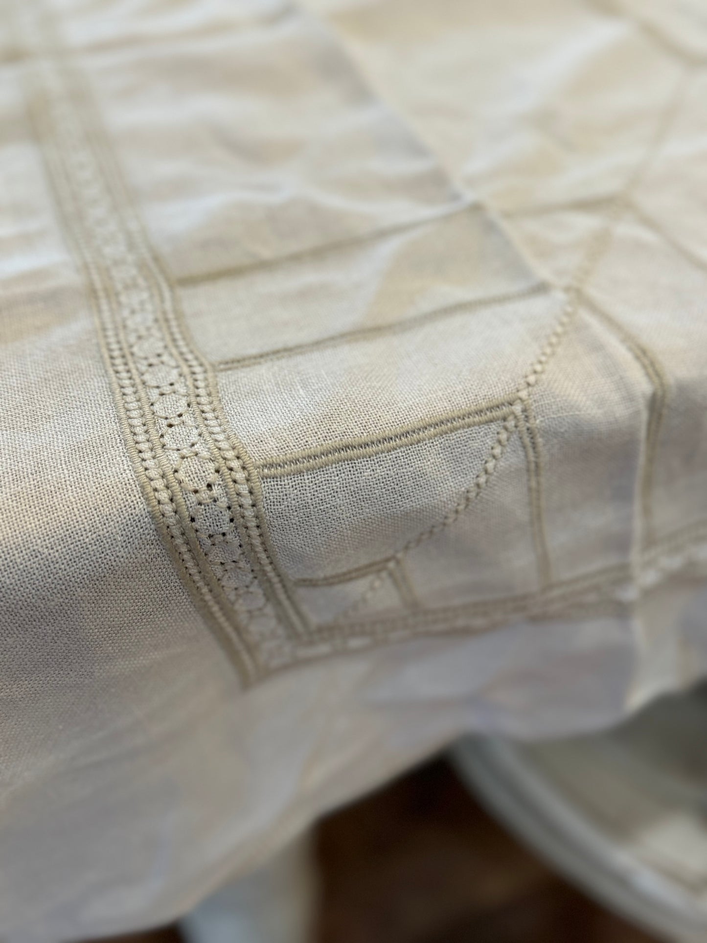 Linen with taupe embroidery tablecloth 52x43”