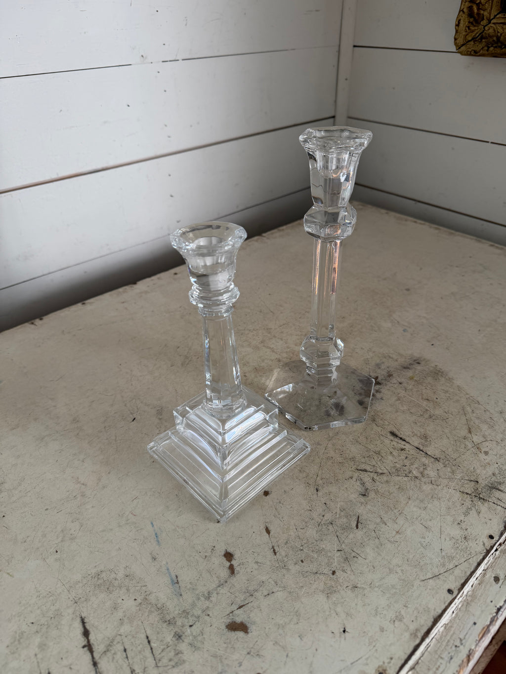 Square and Hexagon Base Crystal Candlestick Pair