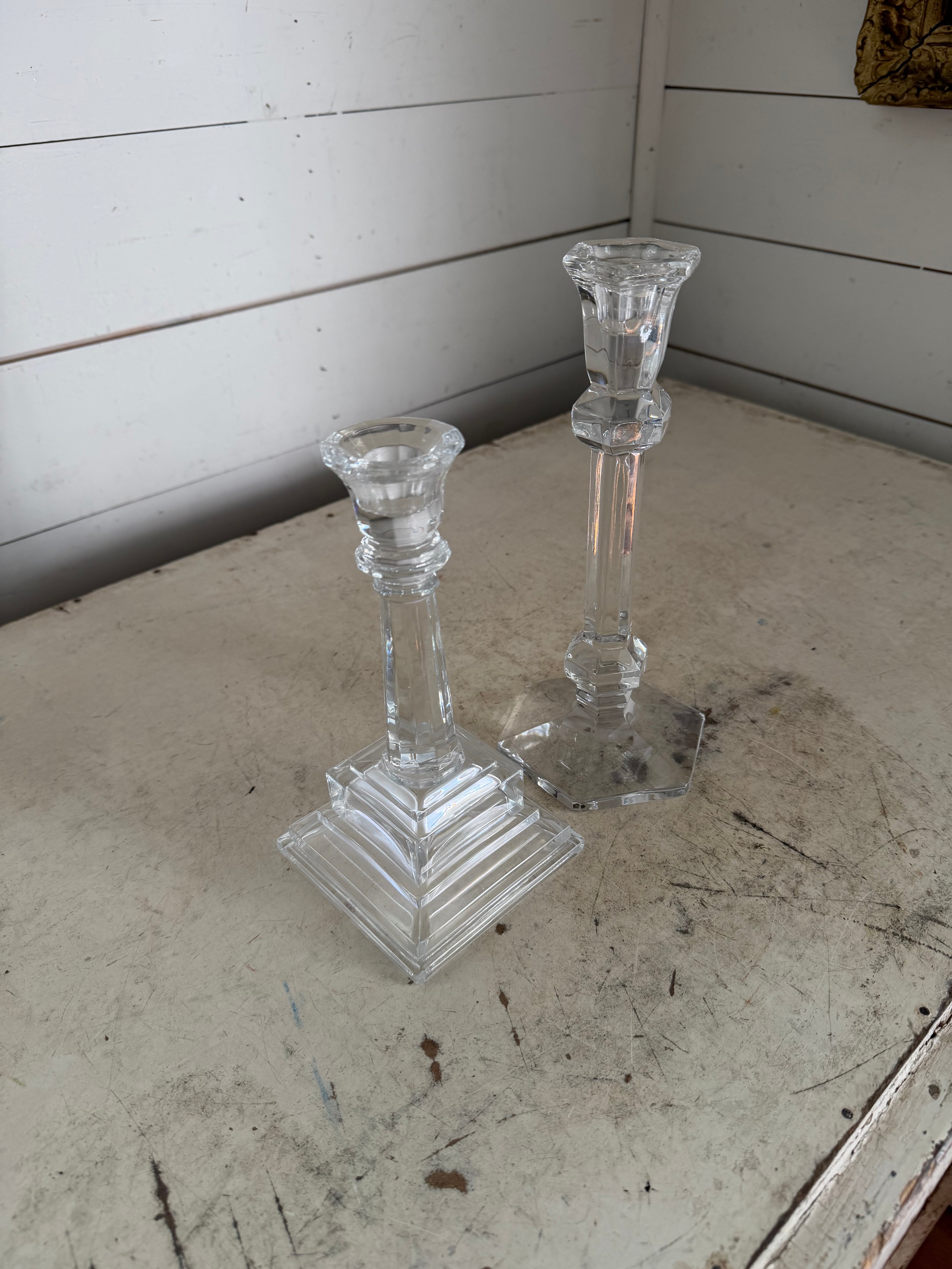 Square and Hexagon Base Crystal Candlestick Pair