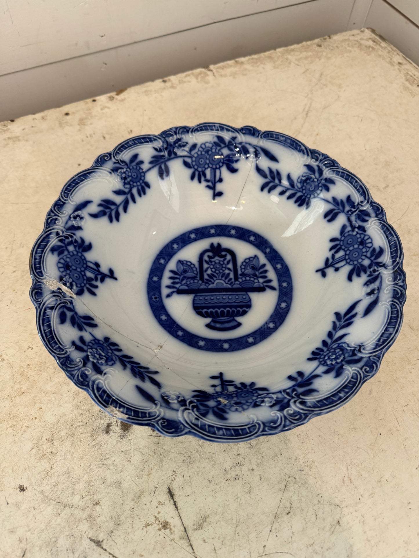 Antique Flow Blue Porcelain Bowl, 10″ Diameter has cracks that are repaired sold individually