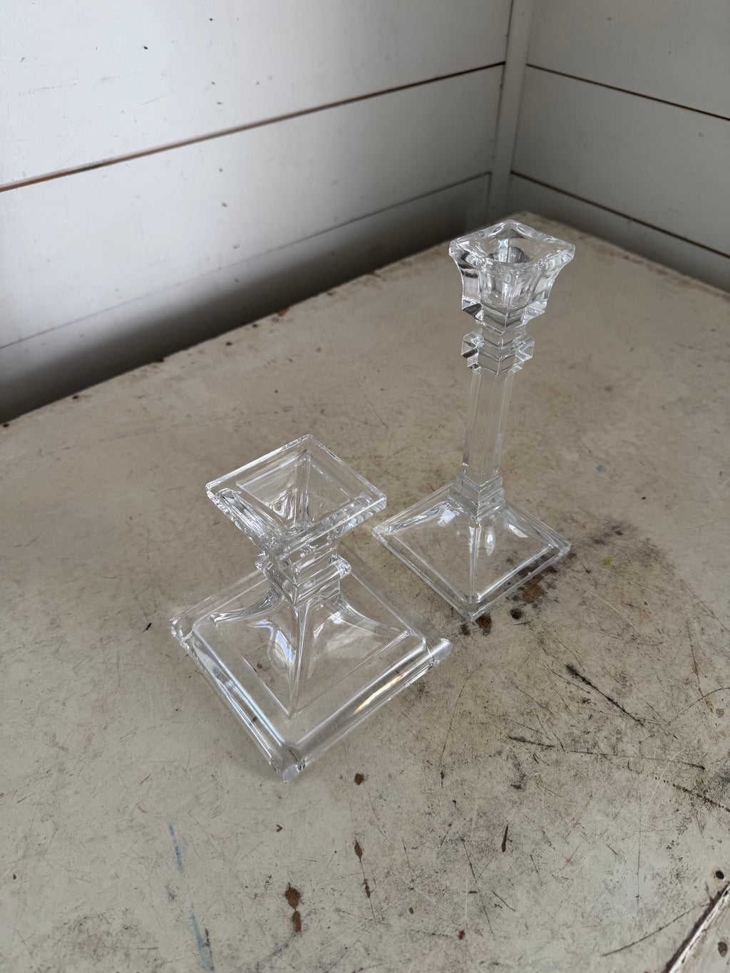 Set of Two Square Base Crystal Candlesticks