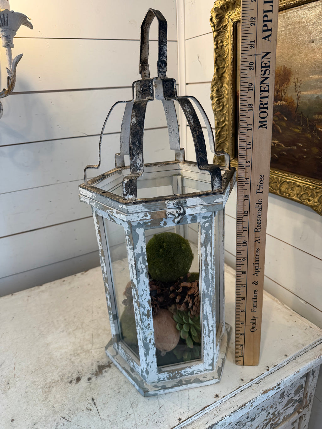 Large Rustic white wood lantern with greenery included