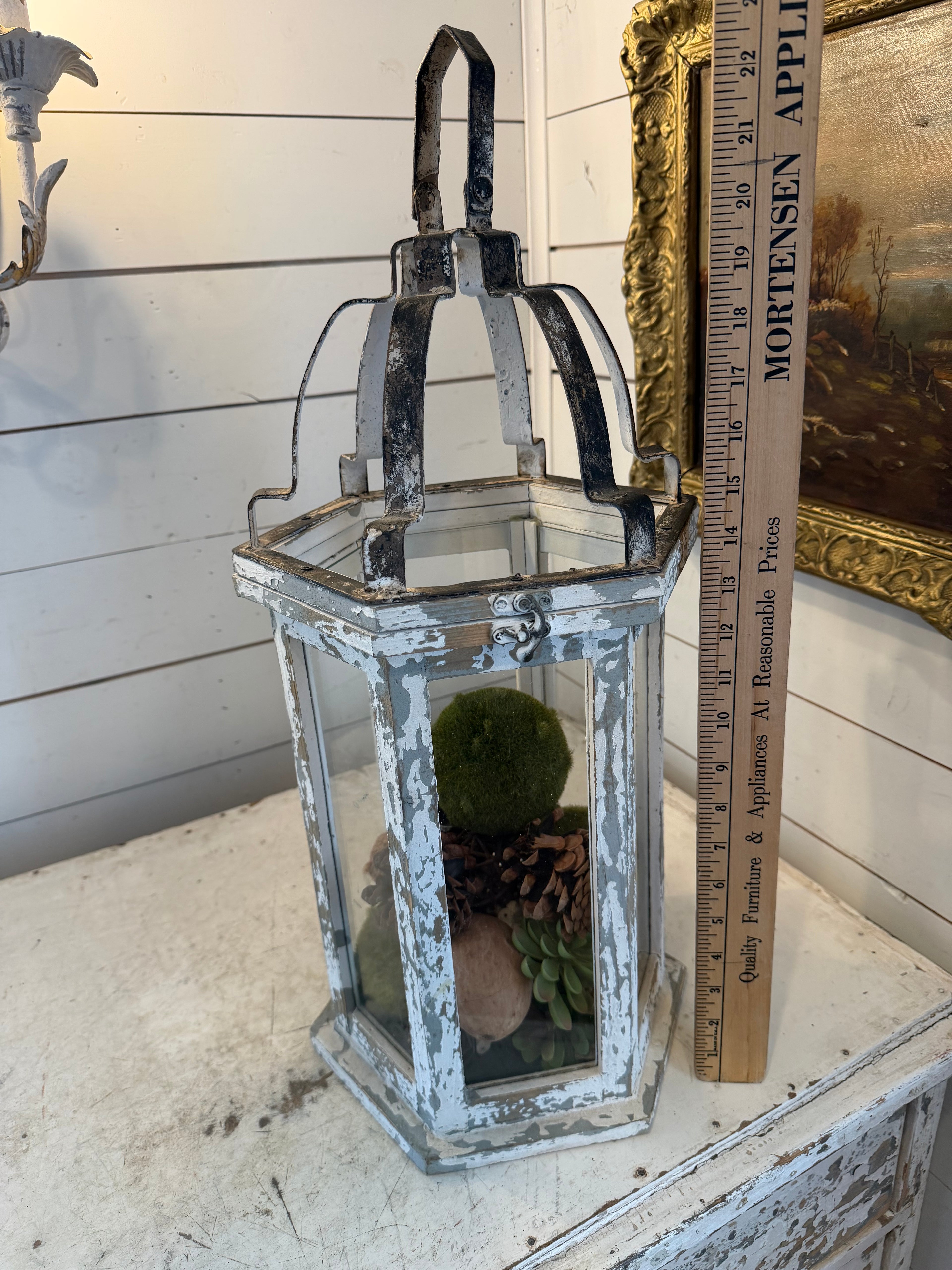 Large Rustic white wood lantern with greenery included