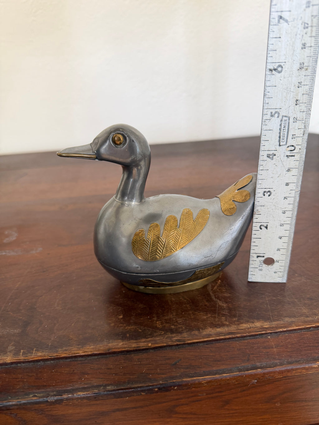 Vintage Pewter Brass Inlay Duck Trinket Box