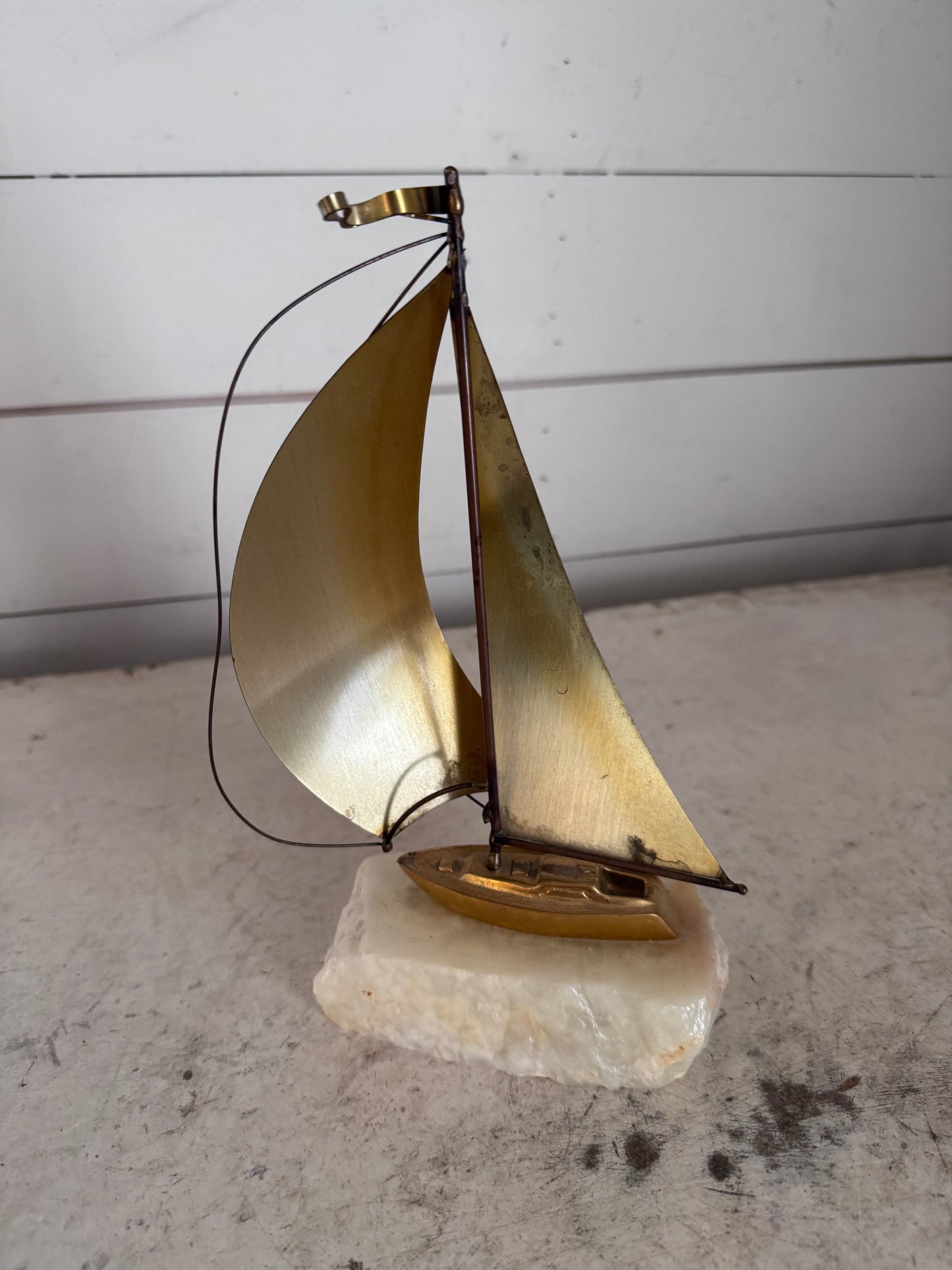 John DeMott Signed Brass Sail Sailboat Sculpture Nautical on Stone Base Patina