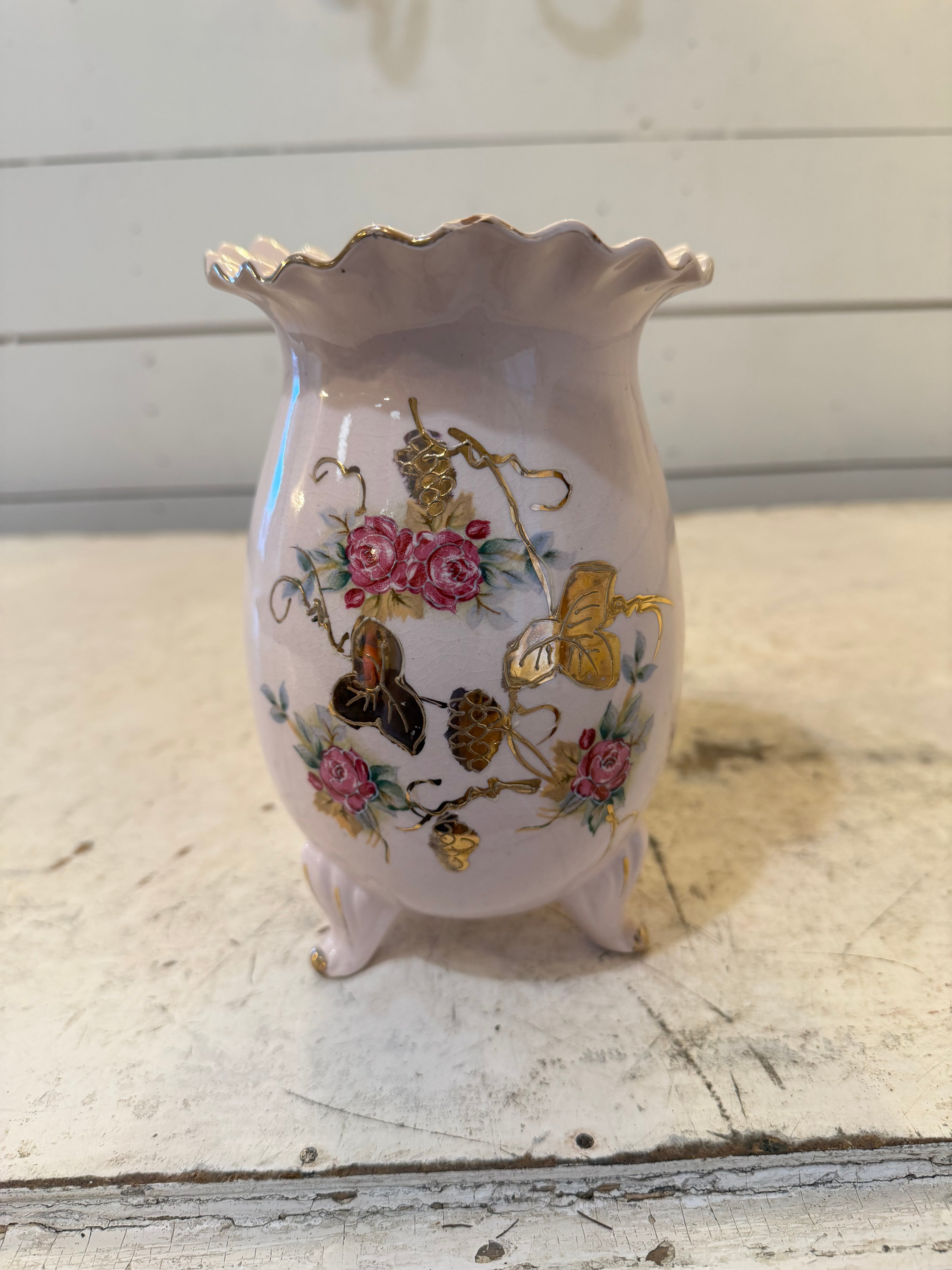 Vintage Floral Vase With Pink and gold accents