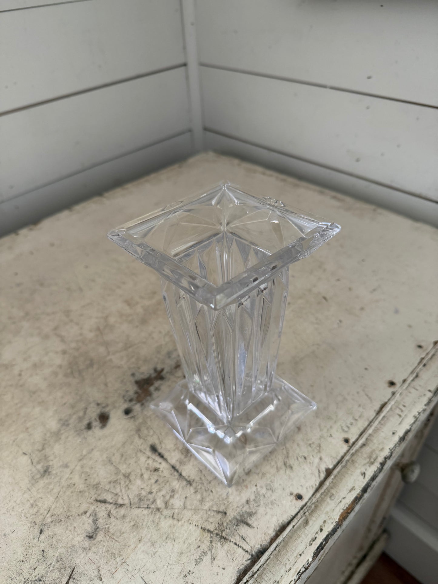 PartyLite Quad Prism 24% Lead Crystal Square Pedestal Pillar Candle Holder Vase