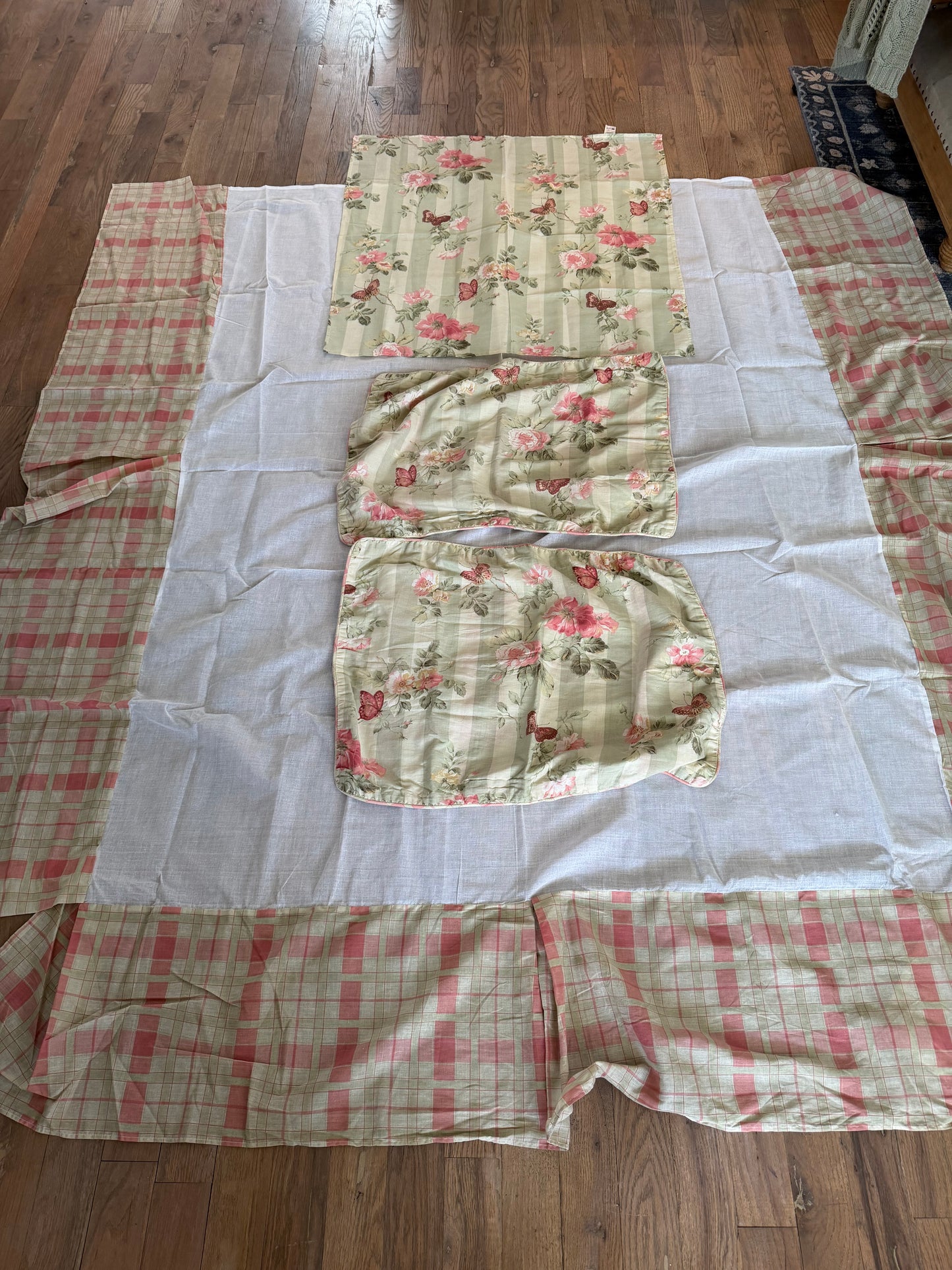 Pink Rose Twin Sheet Bed Skirt, table scarf and pillow case shams
