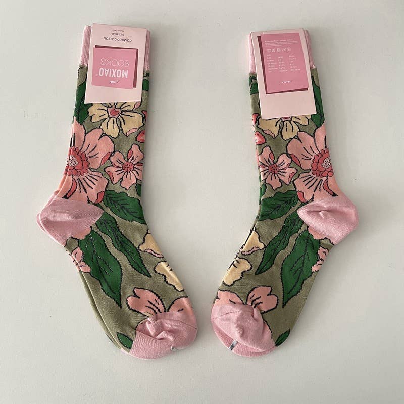 Vintage Style Rose Floral Colored Crew Socks