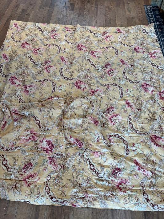 Vintage French Floral Garland Cotton or Blend Fabric~ Maize Yellow Rose Sage Queen Comforter and two shams