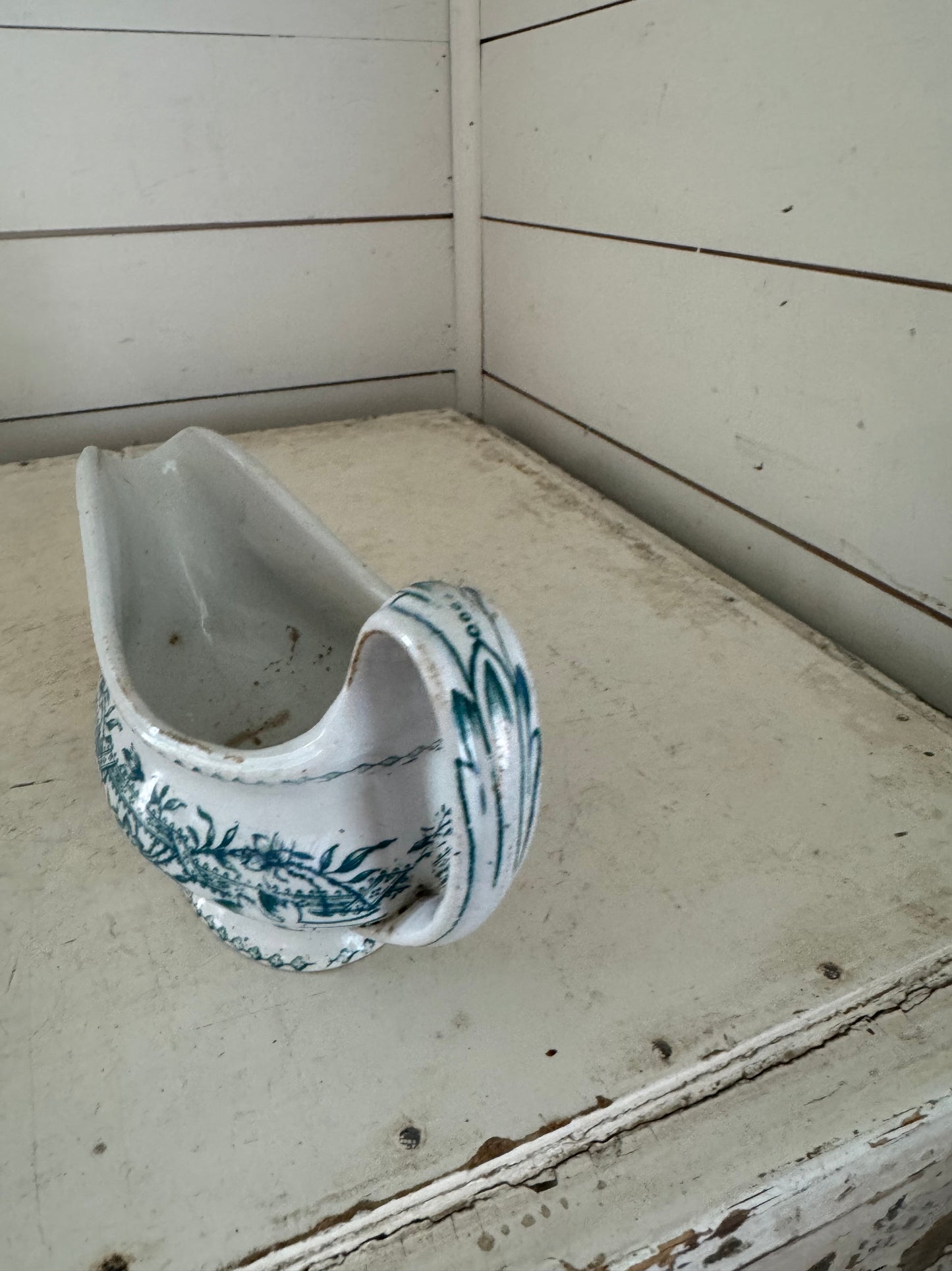 Green Transferware Antique Gravy Boat