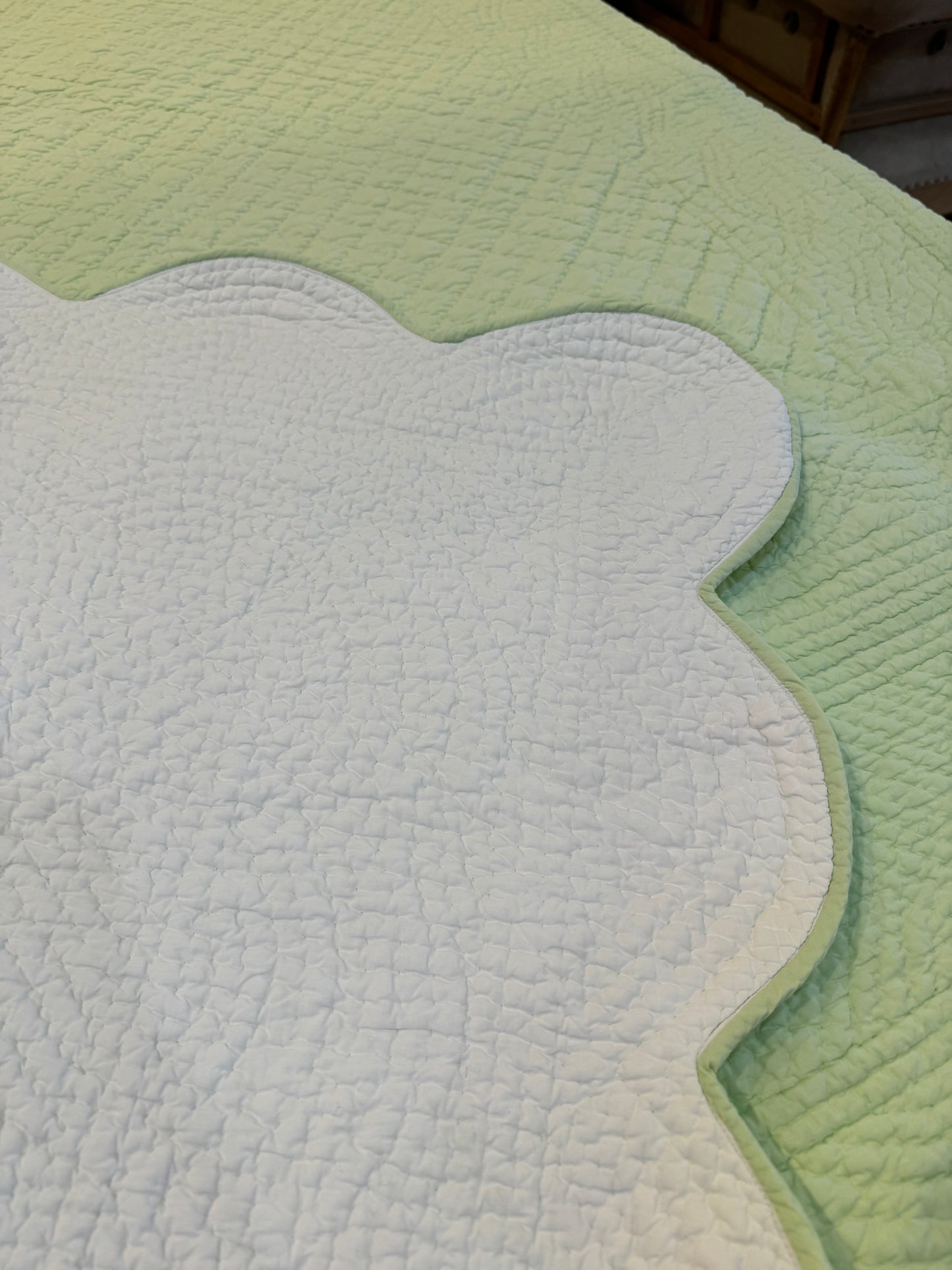 Lime Green & White Hand Quilted in India - has stain as shown 89x72”